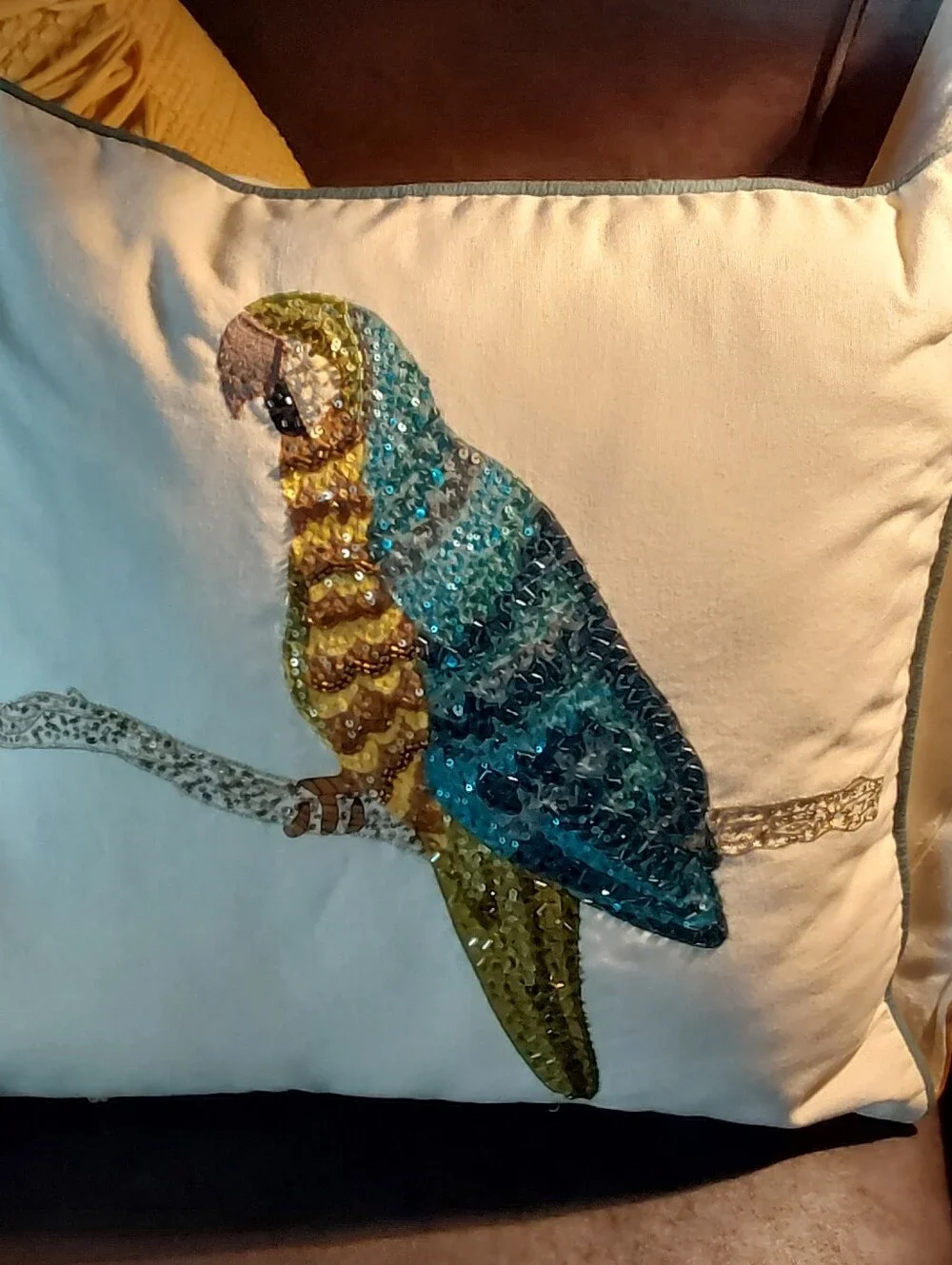VTG SEQUIN & BEADED PARROT PILLOW